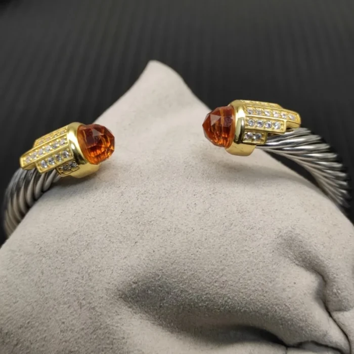David Yurman 7mm Gold-Tone End Caps Sterling Silver Cable Cuff Bracelet Champagne Diamonds