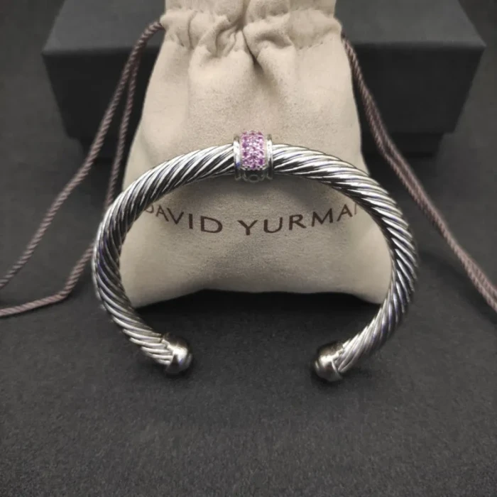 David Yurman 7mm Sterling Silver Cable Cuff Bracelet with Bead End Caps Pink Diamonds