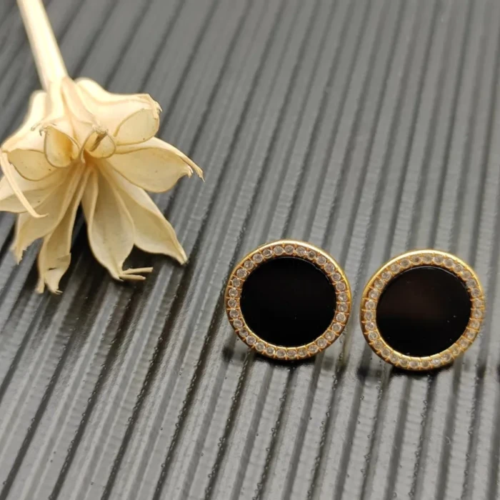 David Yurman 14mm Gold Black Onyx Diamond Circle Stud Earrings