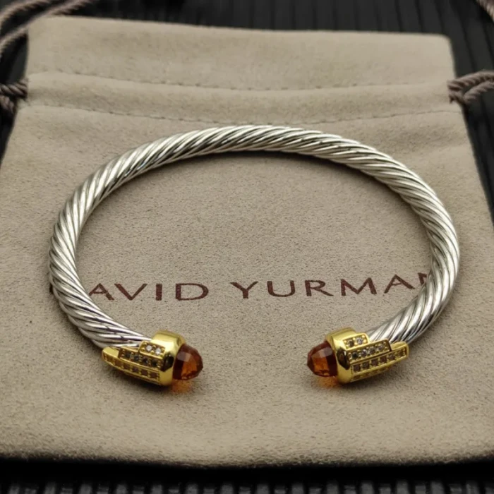 David Yurman 5mm Silver Cable Bracelet with Gold Station and Five-Row Pavé Champagne Diamond Accent
