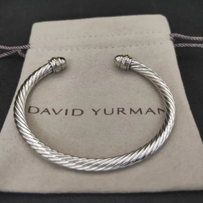 David Yurman 5mm Gold and Silver Cable Cuff Bracelet with Smooth Round End Caps
