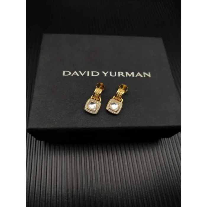 David Yurman Gold Pavé White Diamond Square Cable Drop Earrings