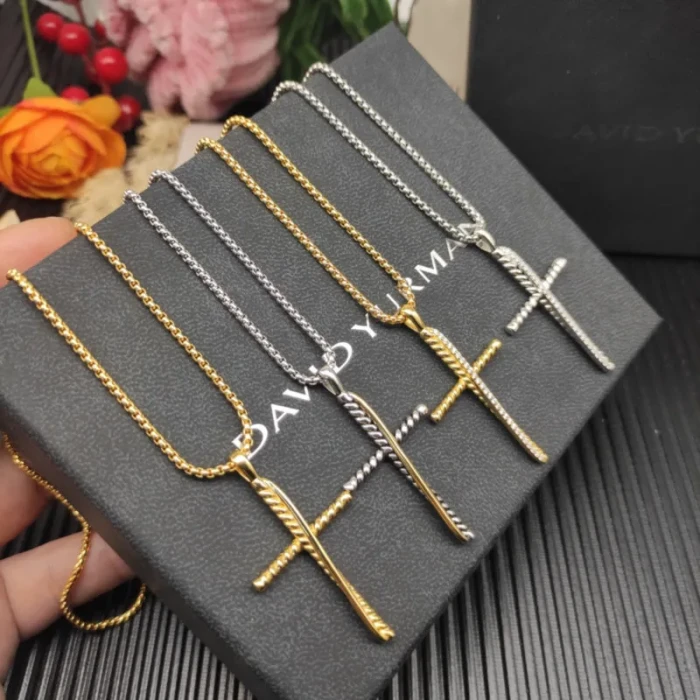 David Yurman Gold-Tone Diamond Cross Pendant Necklace