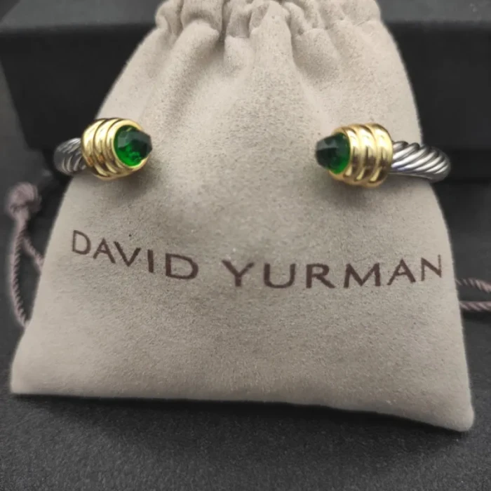 David Yurman 5mm Gold-End Deep Green Diamond Cable Cuff Bracelet