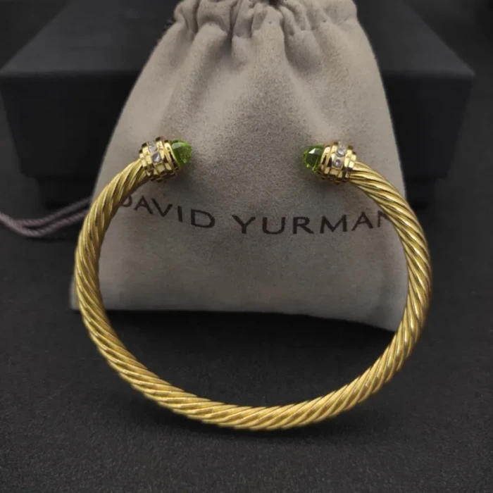 David Yurman 5mm Gold Cable Cuff Bracelet with Diamond-Accented Light Green Stone