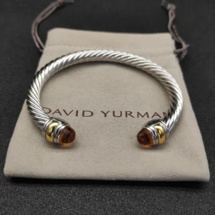 David Yurman Gold and Silver 7mm Double End Cap Cable Bracelet with Champagne Pavé