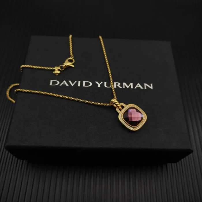 David Yurman Gold 14mm Square Purple Diamond Necklace