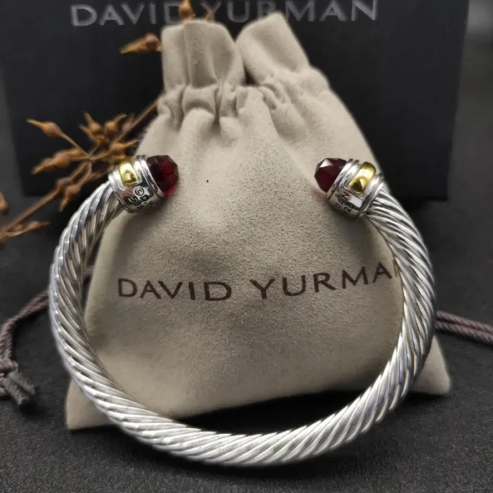 David Yurman 7mm Gold and Silver Double End Cap Red Diamond Cable Bracelet