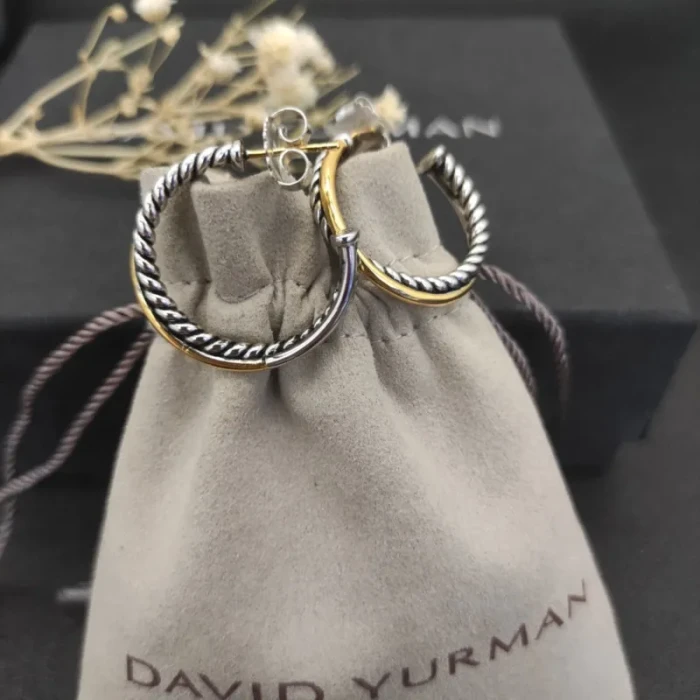 David Yurman Cable Hoop Earrings with Cylindrical Gold and Silver Accent