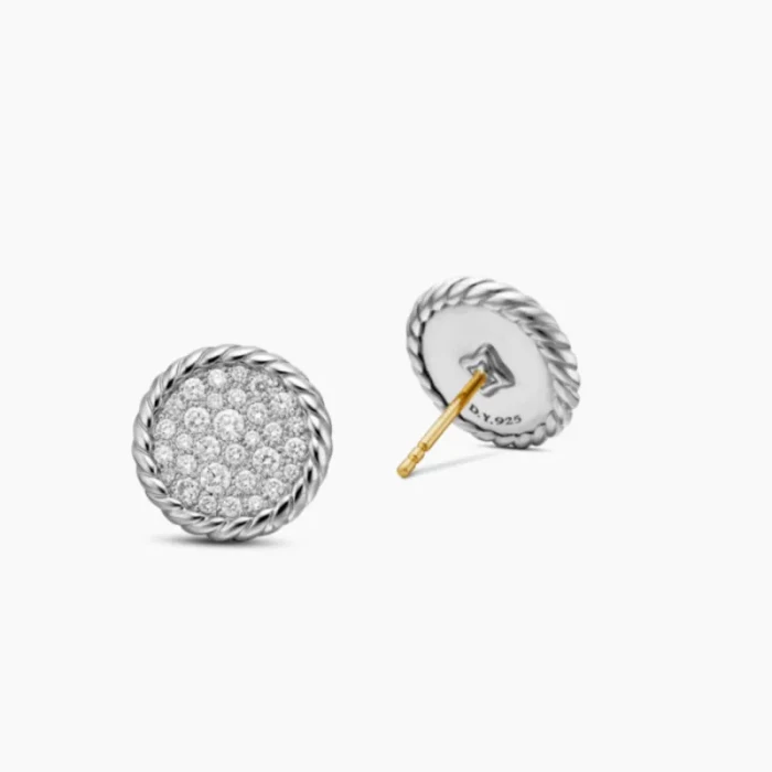 David Yurman Silver 13.6mm Pavé Diamond Button Stud Earrings