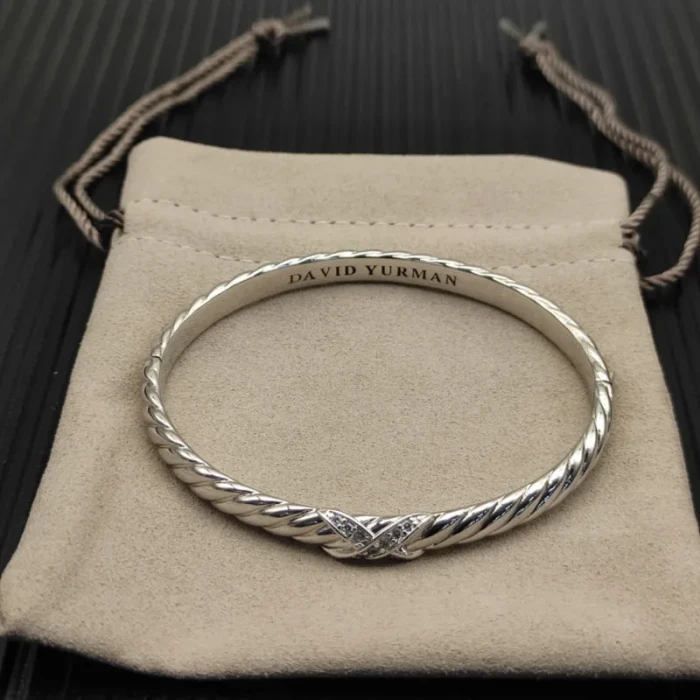 David Yurman 6.2mm Sterling Silver X-Pattern Pavé Wave Cuff Bracelet