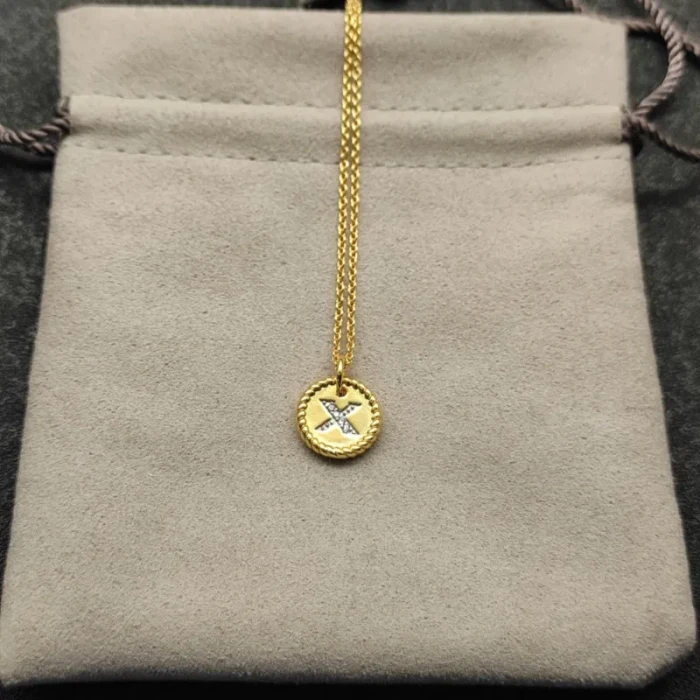 David Yurman Silver Diamond Letter X Round Pendant Necklace, Length 42cm + 3cm + 3cm