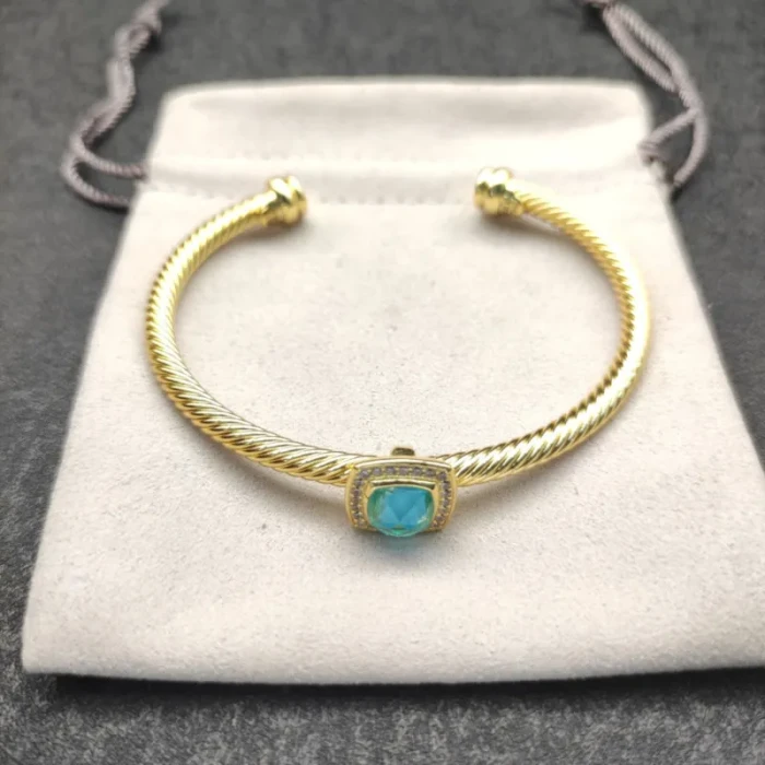 David Yurman Gold Tone 4mm Cable Square Blue Diamond Cuff Bracelet