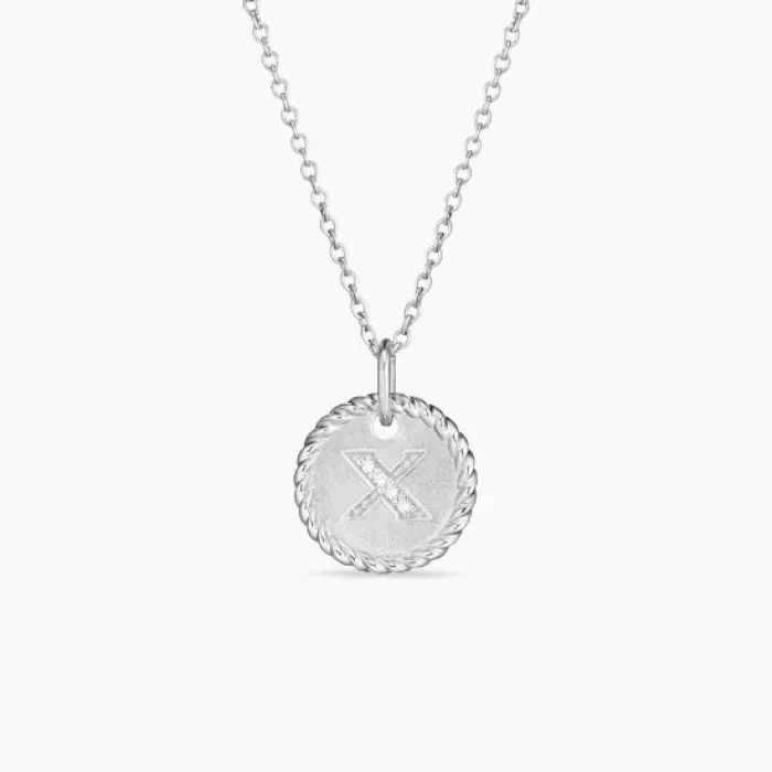 David Yurman Silver Diamond Letter X Round Pendant Necklace, Length 42cm + 3cm + 3cm