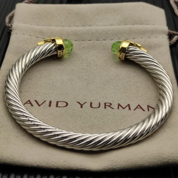 David Yurman 7mm Gold-Tone End Caps Sterling Silver Cable Cuff Bracelet 5-Row Pavé Light Green Diamonds