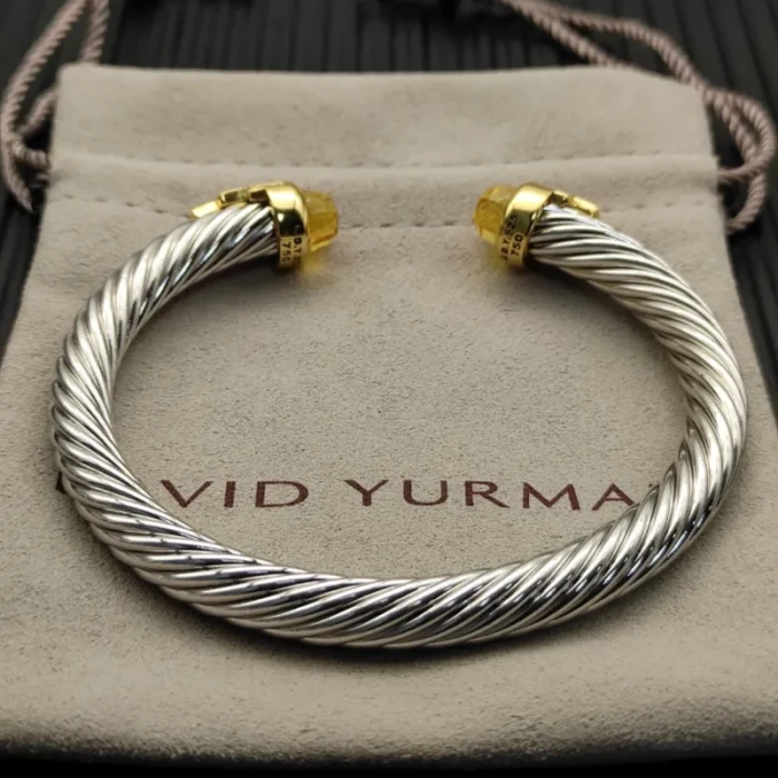 David Yurman 7mm Gold-Tone End Caps Sterling Silver Cable Cuff Bracelet Yellow Diamonds