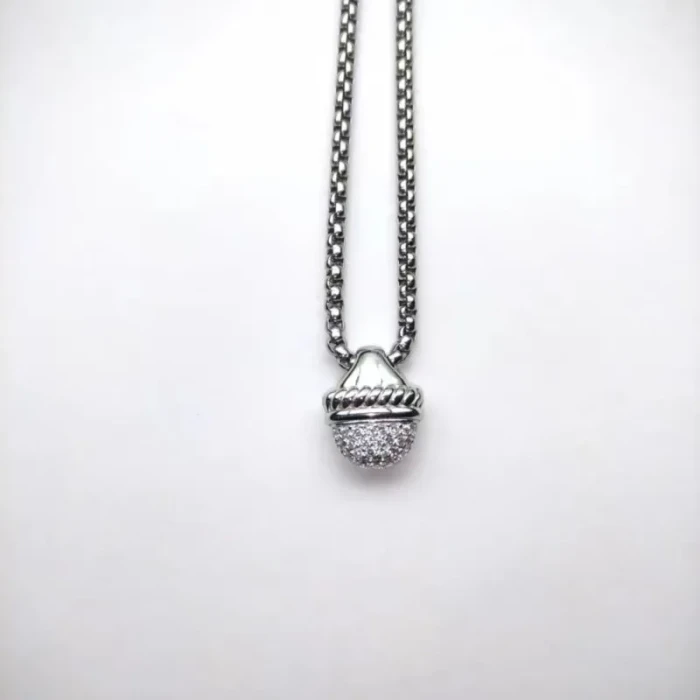 David Yurman Silver Half Pavé Diamond Necklace, 3mm Chain, 50+5cm Adjustable Length