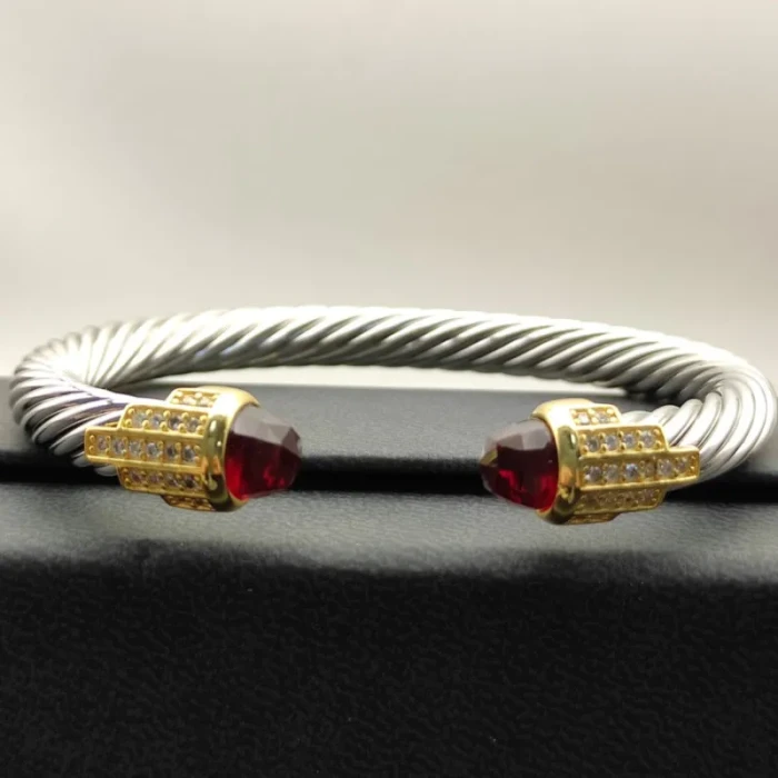David Yurman 7mm Gold-Tone End Caps Sterling Silver Cable Cuff Bracelet Red Diamonds