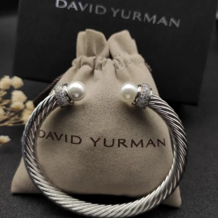 David Yurman 7mm Full Pavé Diamond Pearl Cable Cuff Bracelet
