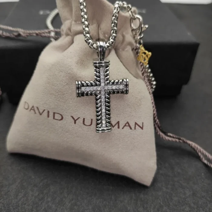David Yurman Double Twist Cross Pendant Necklace with Black Diamonds, 3mm Chain, Length 50+5cm / 60+5cm