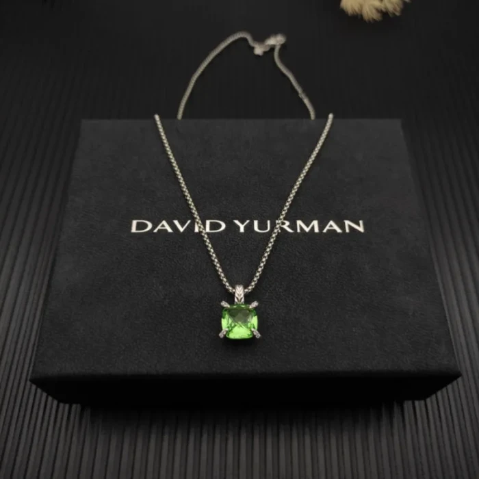David Yurman Sterling Silver 11mm Four-Prong Green Diamond Necklace