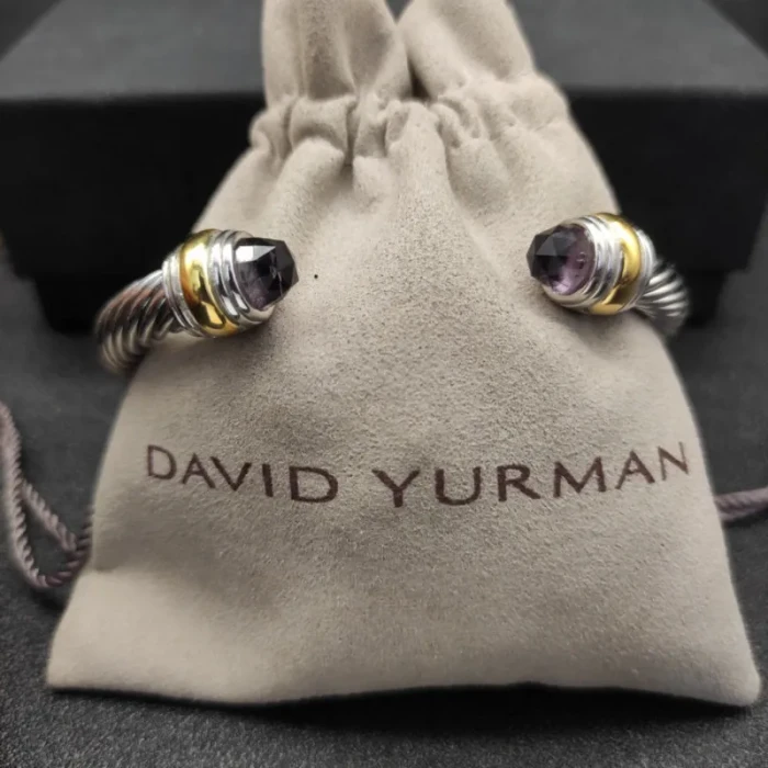 David Yurman 7mm Gold and Silver Double Diamond Station Purple Diamond Cuff Bracelet