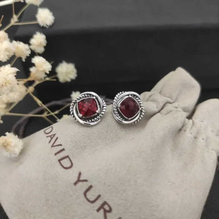 David Yurman 7mm Cable Square Red Diamond Stud Earrings
