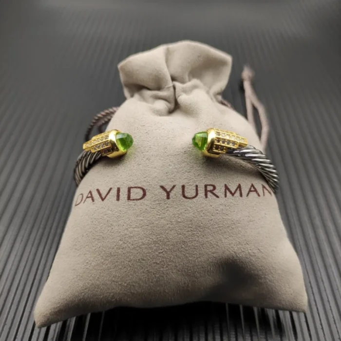 David Yurman 5mm Silver Cable Bracelet with Gold Station and Five-Row Pavé Light Green Diamond Accent