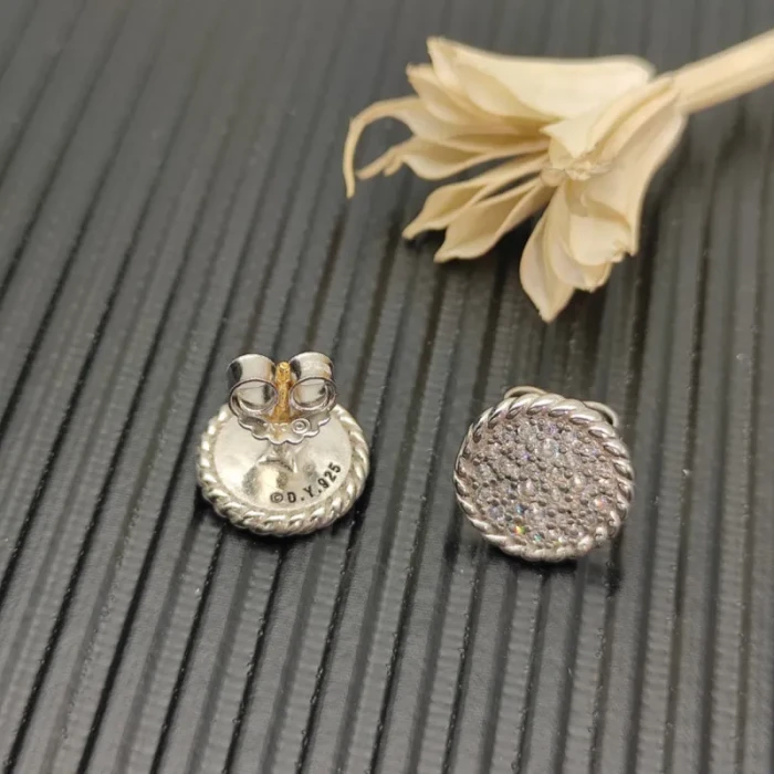 David Yurman Silver 13.6mm Pavé Diamond Button Stud Earrings