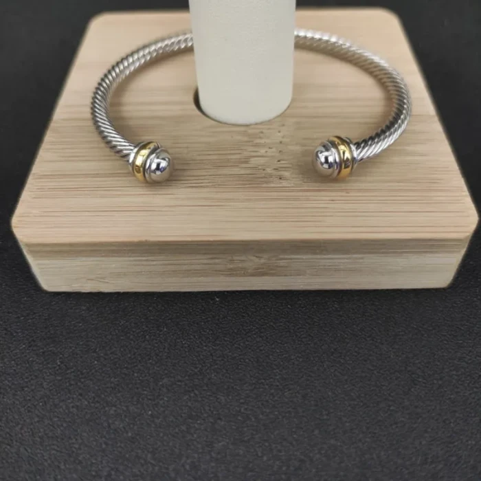 David Yurman 4mm Gold and Silver Cable Cuff Bracelet with Smooth Round End Caps