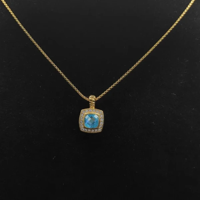 David Yurman Gold Square Blue Diamond Pendant Necklace, 1.5mm Chain, Length 45cm + 5cm