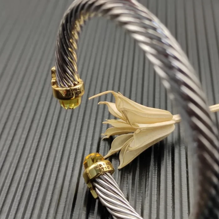 David Yurman 7mm Gold-Tone End Caps Sterling Silver Cable Cuff Bracelet Yellow Diamonds