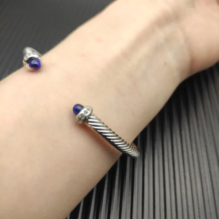 David Yurman 4mm Sterling Silver Deep Blue Sapphire Diamond Bangle Bracelet