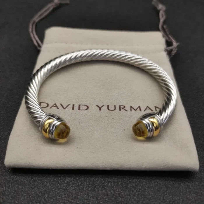 David Yurman 7mm Gold and Silver Double End Cap Yellow Diamond Cable Bracelet