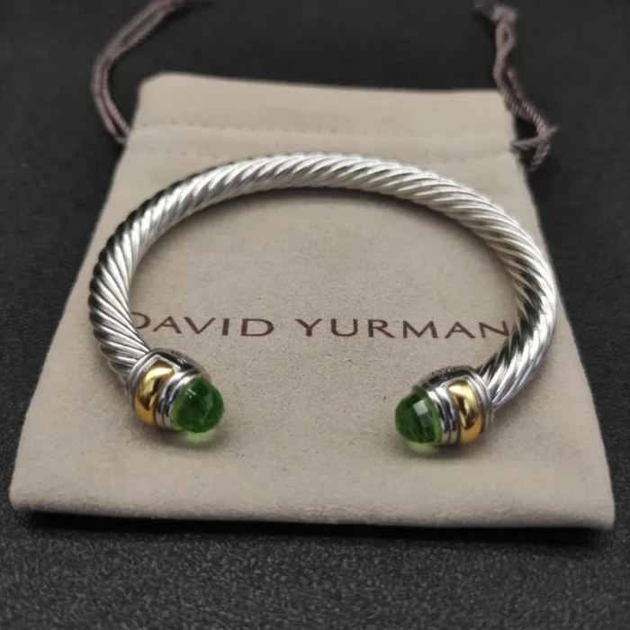David Yurman Gold and Silver 7mm Double End Cap Bracelet with Light Green Pavé