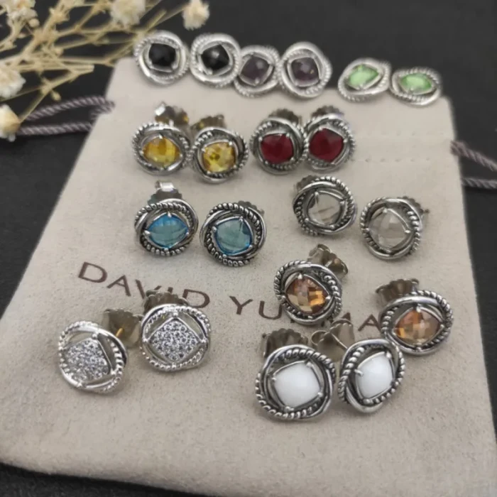 David Yurman 7mm Cable Square Green Diamond Stud Earrings