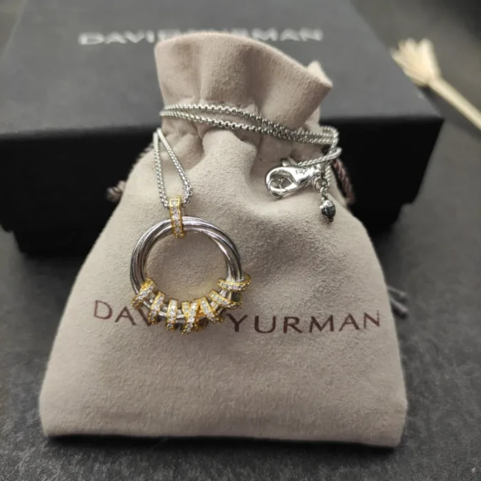 David Yurman Gold and Silver Rotating Hook Diamond Pendant Necklace, 1.5mm Chain, Length 45cm + 5cm