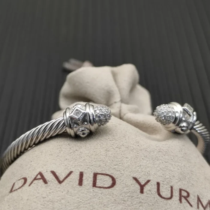 David Yurman Silver 4mm Cable Diamond Lattice Cuff Bracelet