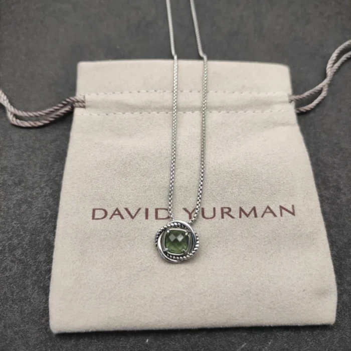David Yurman 7mm Cable Twist Square Green Diamond Pendant Necklace, 1.5mm Chain, Length 45cm + 5cm