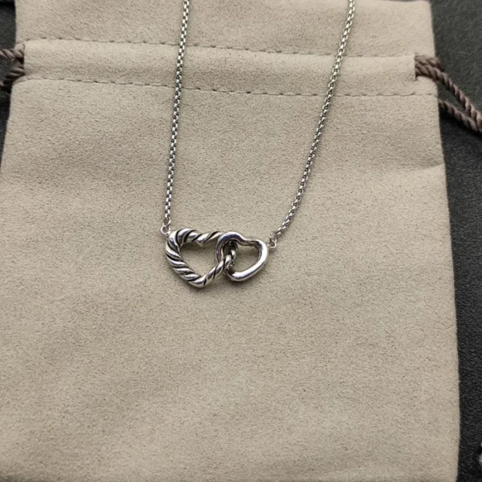 David Yurman Silver Double Heart Clasp Necklace, 1.5mm Chain, 45+5cm Adjustable Length