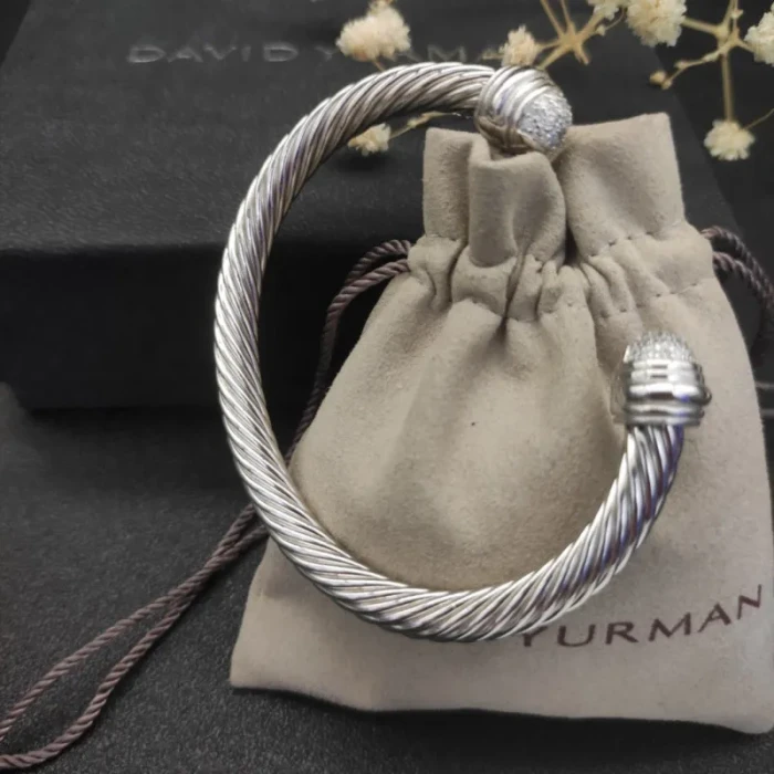 David Yurman 7mm Sterling Silver Half-Pavé Cable Cuff Bracelet