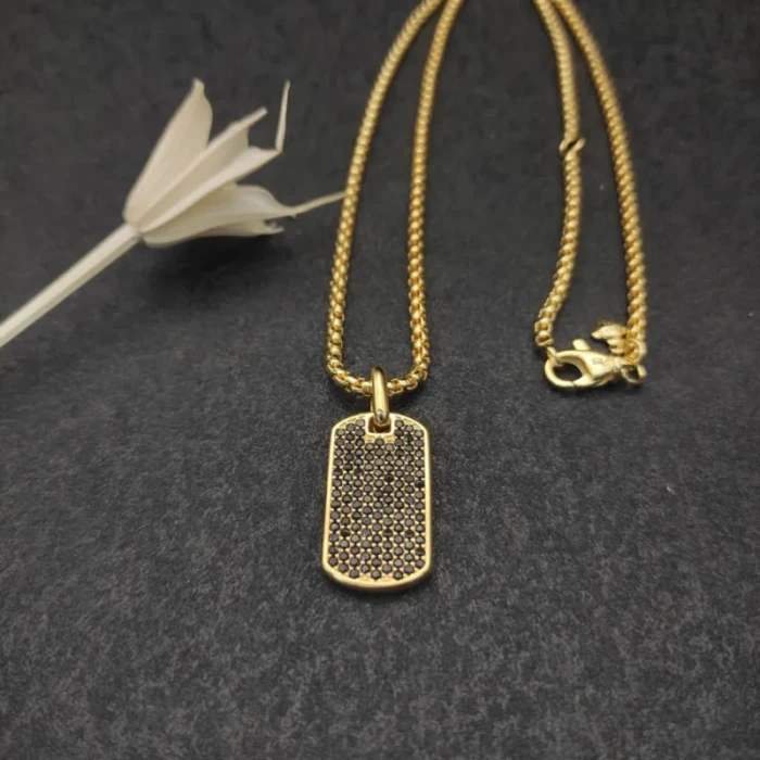 David Yurman Gold Tone Pavé Black Diamond Tag Necklace