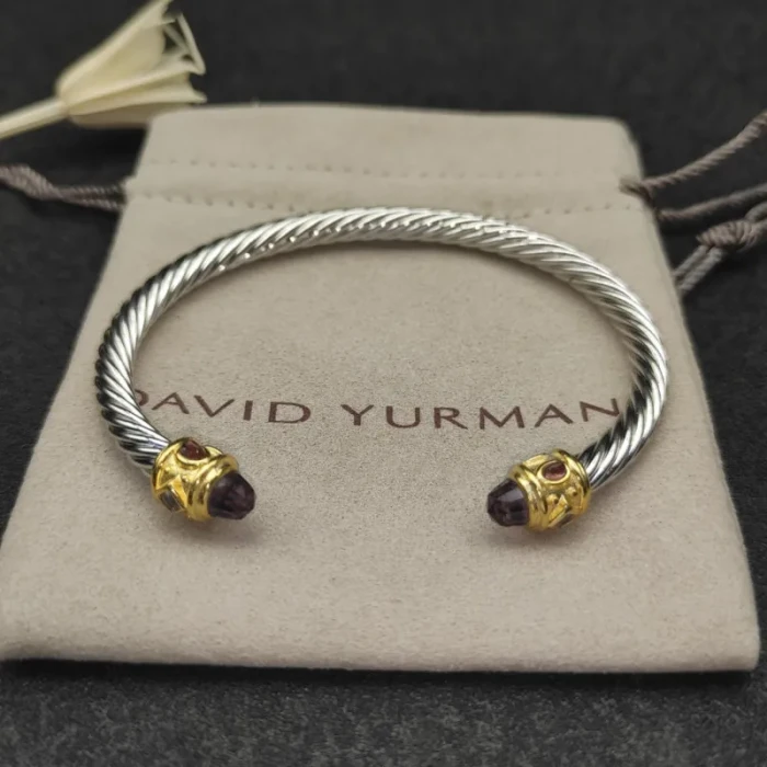David Yurman 5mm Gold Cable Bracelet with Faceted Edge Design and Purple Diamonds