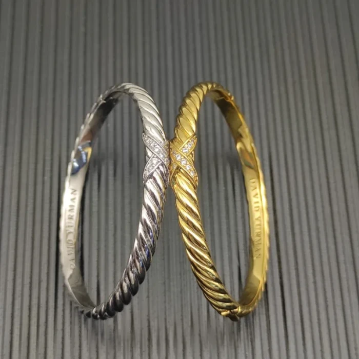David Yurman 6.2mm Gold X-Pattern Pavé Wave Cuff Bracelet