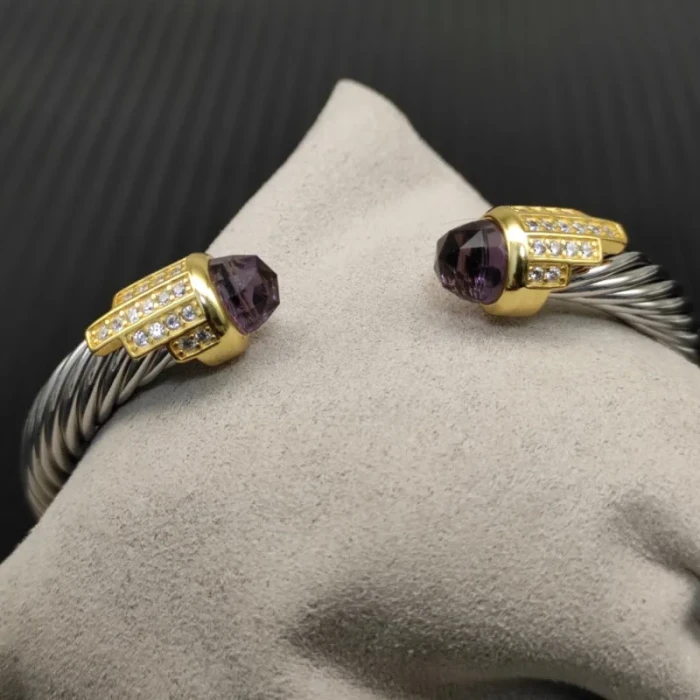 David Yurman 7mm Gold-Tone End Caps Sterling Silver Cable Cuff Bracelet Purple Diamonds