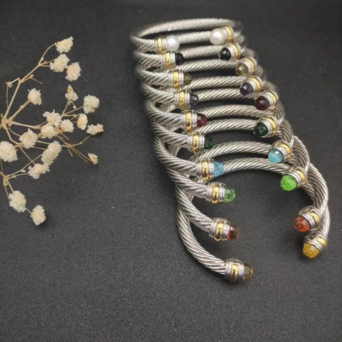David Yurman 7mm Gold and Silver Double Diamond Station Purple Diamond Cuff Bracelet