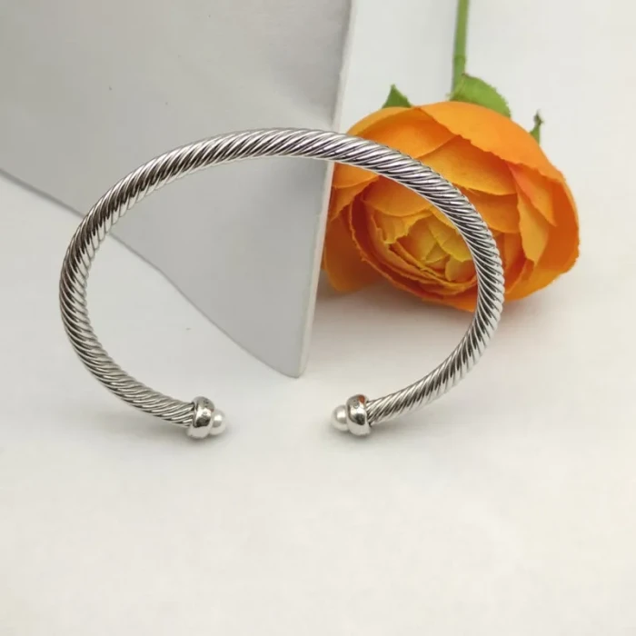 David Yurman 4mm Sterling Silver Pearl Diamond Bangle Bracelet
