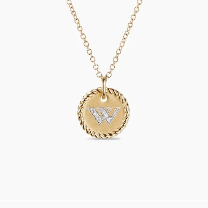 David Yurman Silver Diamond Letter W Round Pendant Necklace, Length 42cm + 3cm + 3cm