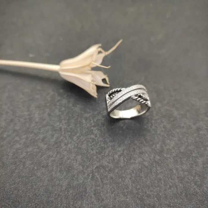 David Yurman Silver Double Twisted Cable Cross Diamond Ring