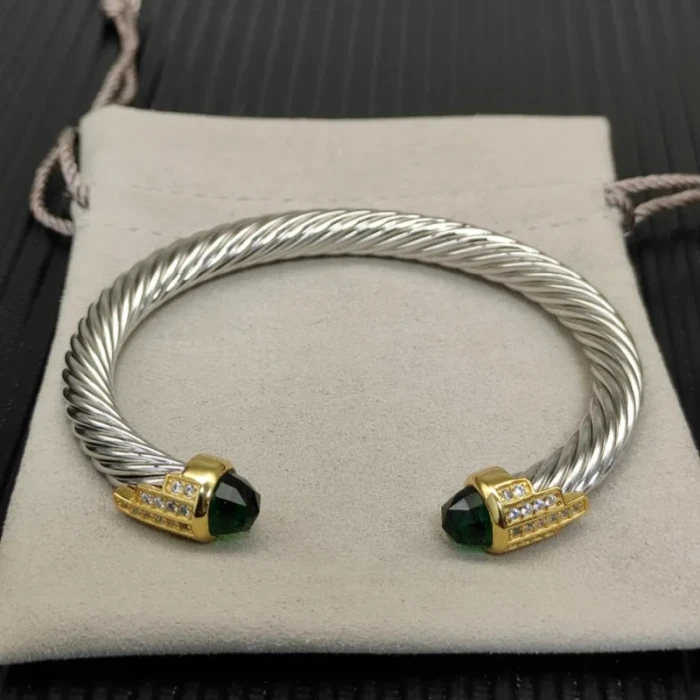 David Yurman 7mm Gold-Tone End Caps Sterling Silver Cable Cuff Bracelet Light Green Diamonds